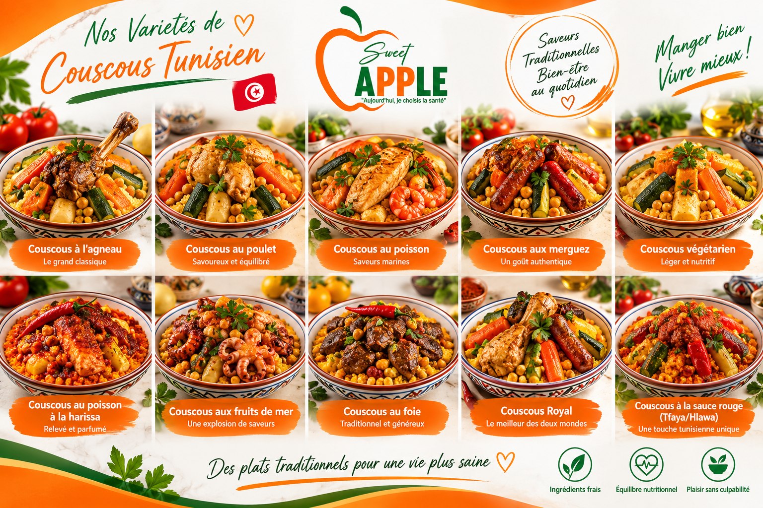 Menu SWEETAPPLE — Nos variétés de couscous tunisien